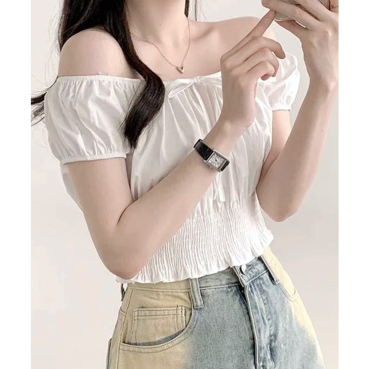 オフショルシャーリング半袖トップス パフスリーブ リボン | Riff | 詳細画像4 
