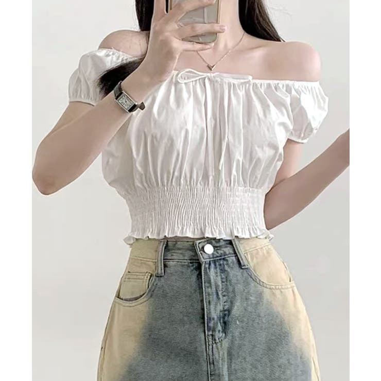 オフショルシャーリング半袖トップス パフスリーブ リボン | Riff | 詳細画像5 