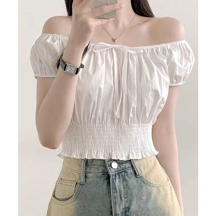 オフショルシャーリング半袖トップス パフスリーブ リボン | Riff | 詳細画像6 