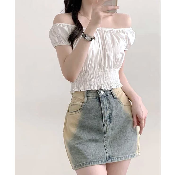 オフショルシャーリング半袖トップス パフスリーブ リボン | Riff | 詳細画像7 