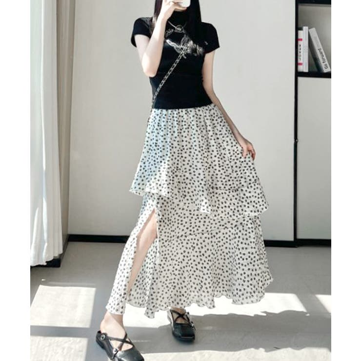 花柄サイドスリットフレアロングスカート ウエストゴム