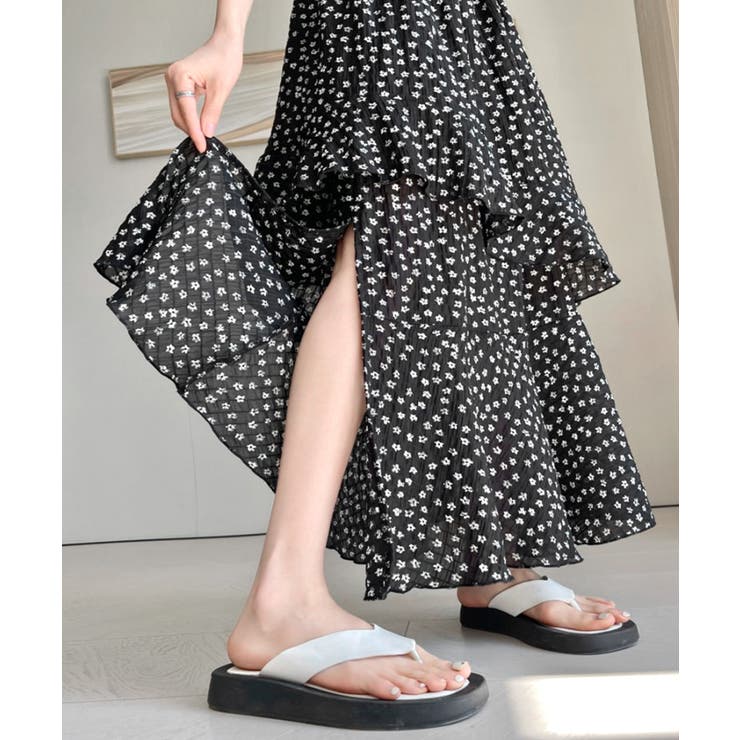 花柄サイドスリットフレアロングスカート ウエストゴム ティアードスカート | Riff | 詳細画像14 