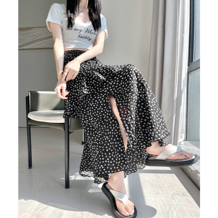 花柄サイドスリットフレアロングスカート ウエストゴム ティアードスカート | Riff | 詳細画像16 