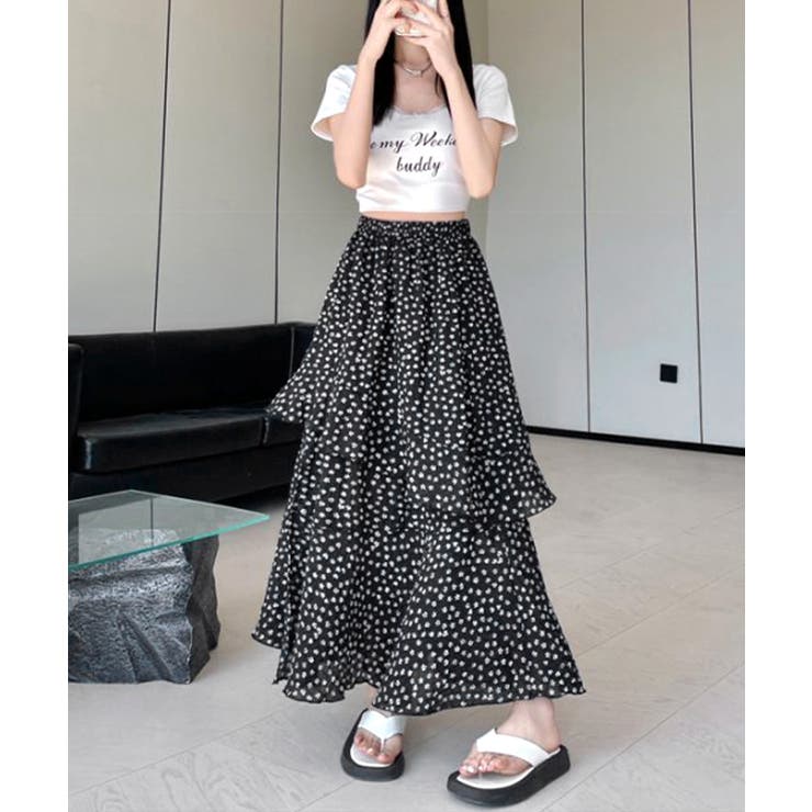 花柄サイドスリットフレアロングスカート ウエストゴム ティアードスカート | Riff | 詳細画像19 