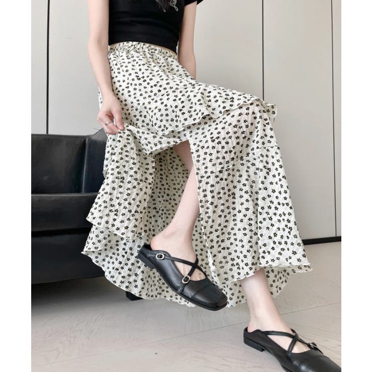 花柄サイドスリットフレアロングスカート ウエストゴム ティアードスカート | Riff | 詳細画像8 