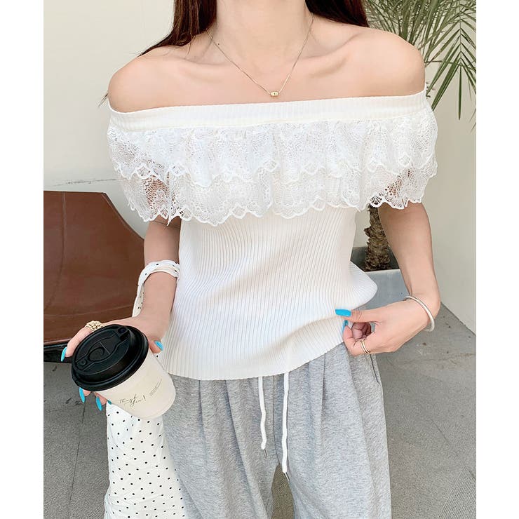 オフショルレースフリルトップス 2WAY フレンチスリーブ | Riff | 詳細画像4 