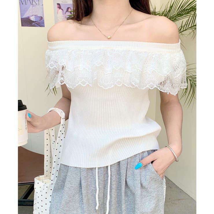ホワイト | オフショルレースフリルトップス 2WAY フレンチスリーブ | Riff