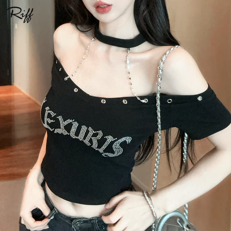 ネックチェーンラインストーンオフショルダーTシャツ チョーカー ロゴ | Riff | 詳細画像1 