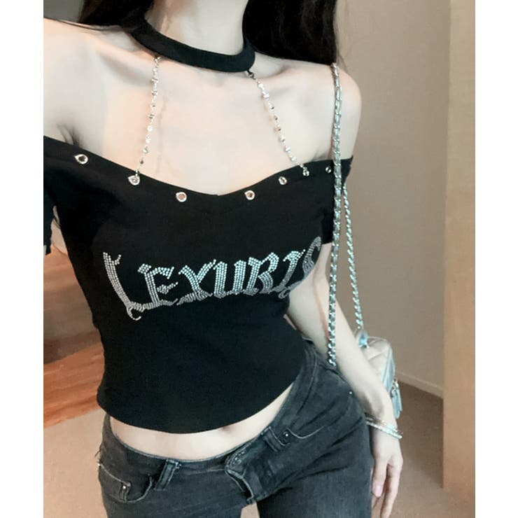 ネックチェーンラインストーンオフショルダーTシャツ チョーカー ロゴ | Riff | 詳細画像2 
