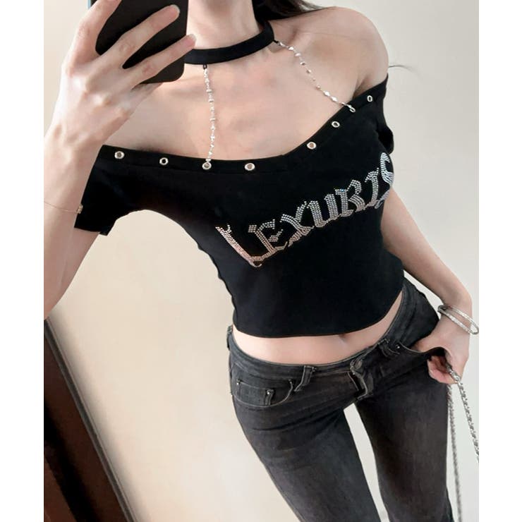 ネックチェーンラインストーンオフショルダーTシャツ チョーカー ロゴ | Riff | 詳細画像5 