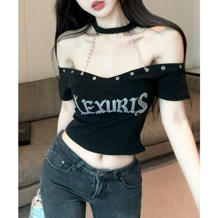 ネックチェーンラインストーンオフショルダーTシャツ チョーカー ロゴ | Riff | 詳細画像8 