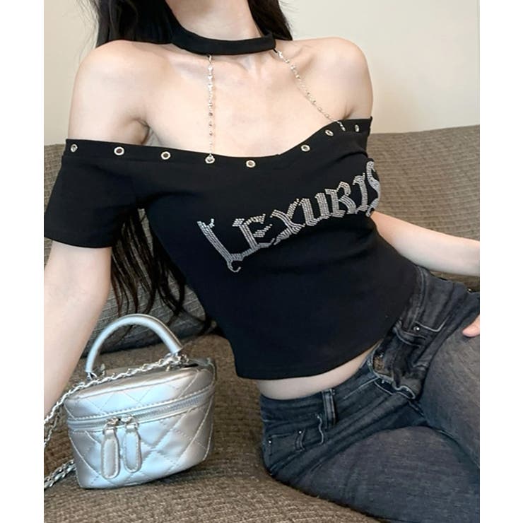 ネックチェーンラインストーンオフショルダーTシャツ チョーカー ロゴ | Riff | 詳細画像9 