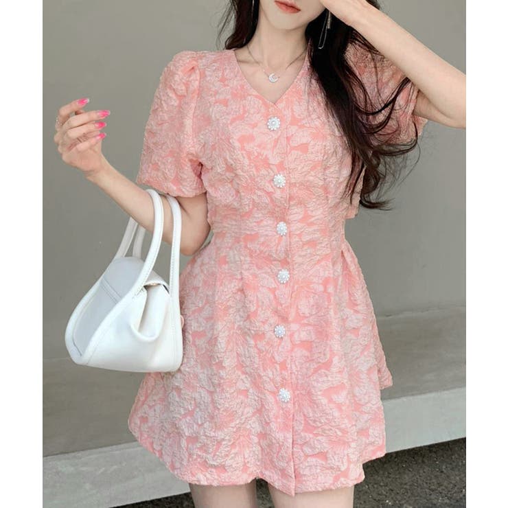 バックオープン花柄エンボスミニワンピース ウエスト見せ ジャガード | Riff | 詳細画像19 