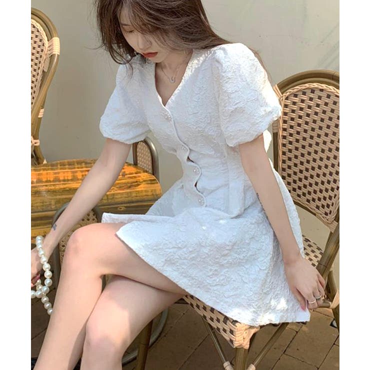 バックオープン花柄エンボスミニワンピース ウエスト見せ ジャガード | Riff | 詳細画像2 