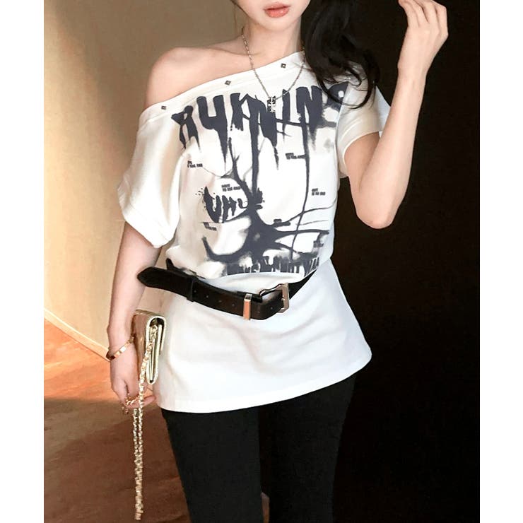 2点セット] ワンショルダープリントTシャツ ベルトセット[品番