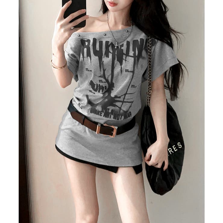 ワンショルダープリントTシャツ ベルトセット ロゴプリント[品番