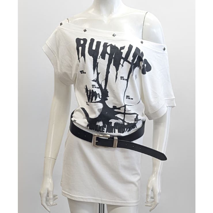 2点セット] ワンショルダープリントTシャツ ベルトセット[品番