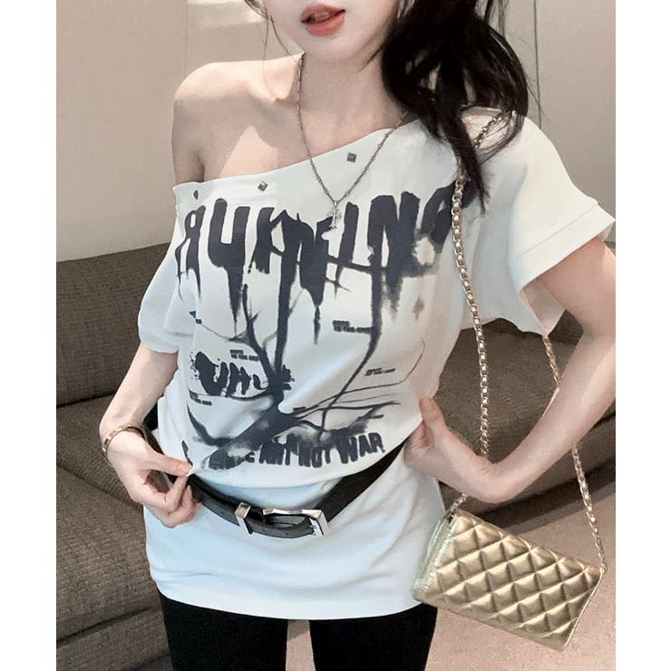 ワンショルダープリントTシャツ ベルトセット ロゴプリント[品番