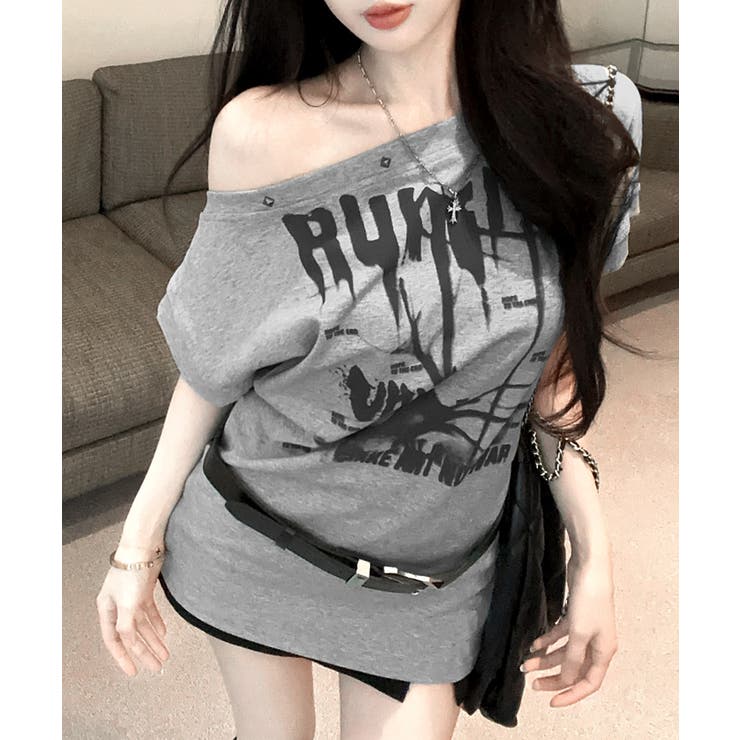 2点セット] ワンショルダープリントTシャツ ベルトセット[品番
