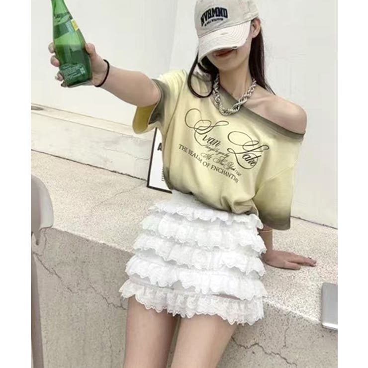 スプレー加工裾ドロストロゴプリントTシャツ ワンショル 英字プリント | Riff | 詳細画像3 