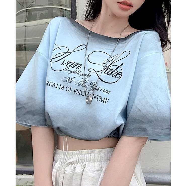 ブルー | スプレー加工裾ドロストロゴプリントTシャツ ワンショル 英字プリント | Riff