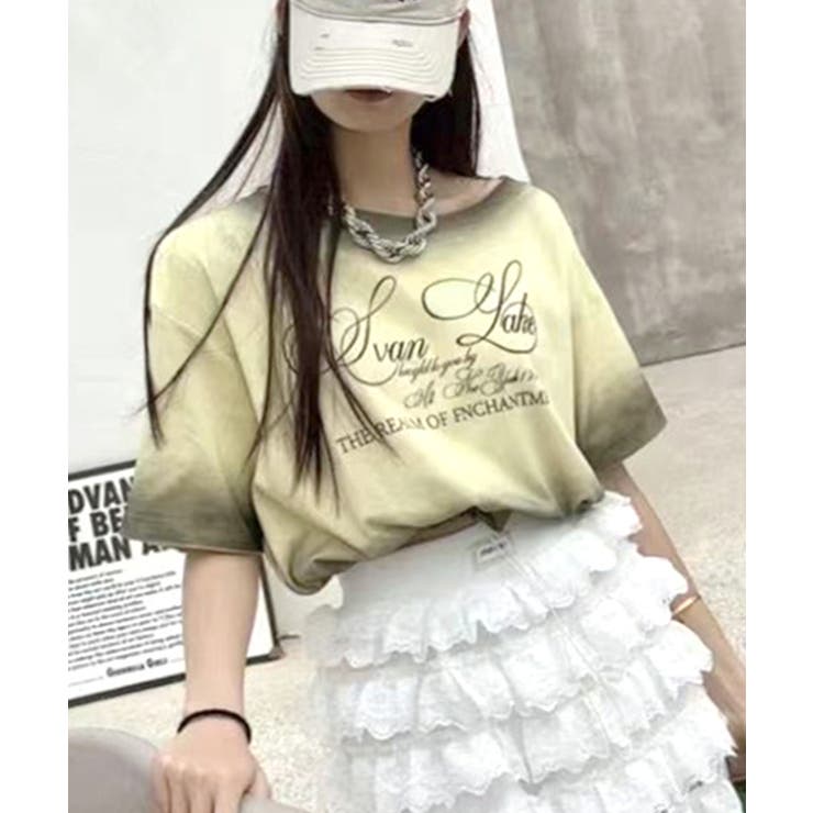 イエロー | スプレー加工裾ドロストロゴプリントTシャツ ワンショル 英字プリント | Riff