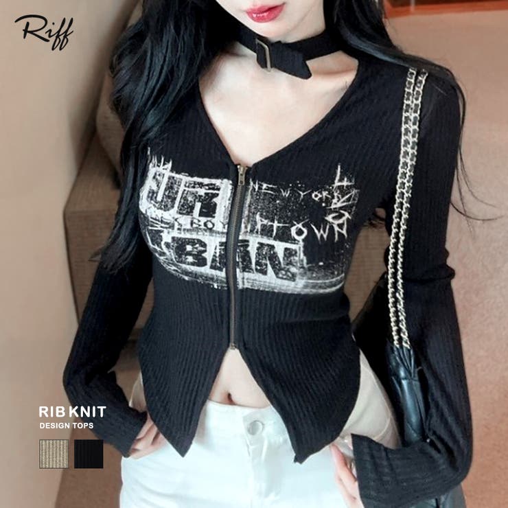 ネックベルトフロントジップ長袖トップス チョーカー プリント | Riff | 詳細画像1 