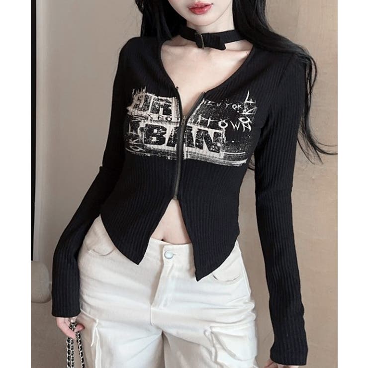 ネックベルトフロントジップ長袖トップス チョーカー プリント | Riff | 詳細画像10 