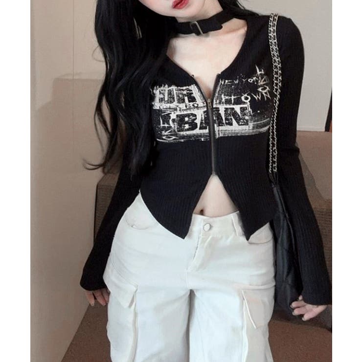 ネックベルトフロントジップ長袖トップス チョーカー プリント | Riff | 詳細画像11 