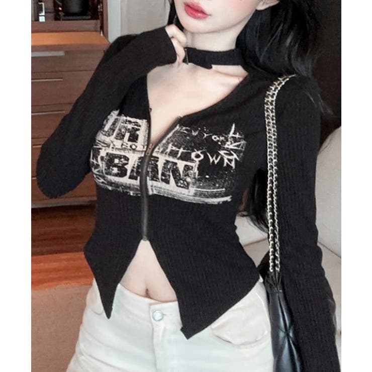 ネックベルトフロントジップ長袖トップス チョーカー プリント | Riff | 詳細画像12 