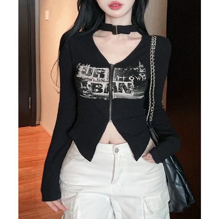 ネックベルトフロントジップ長袖トップス チョーカー プリント | Riff | 詳細画像13 