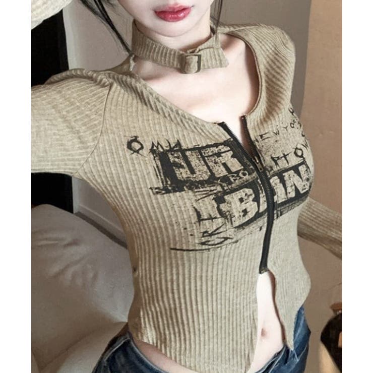 ネックベルトフロントジップ長袖トップス チョーカー プリント | Riff | 詳細画像15 