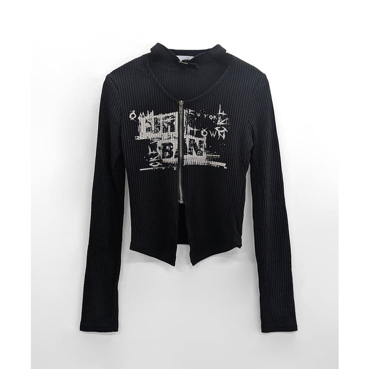 ネックベルトフロントジップ長袖トップス チョーカー プリント | Riff | 詳細画像16 