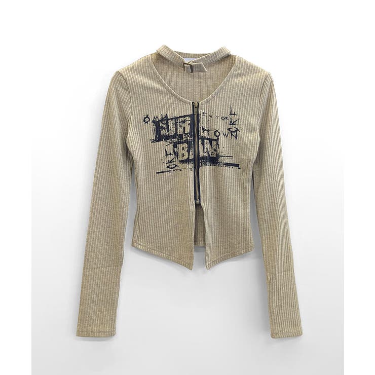 ネックベルトフロントジップ長袖トップス チョーカー プリント | Riff | 詳細画像17 