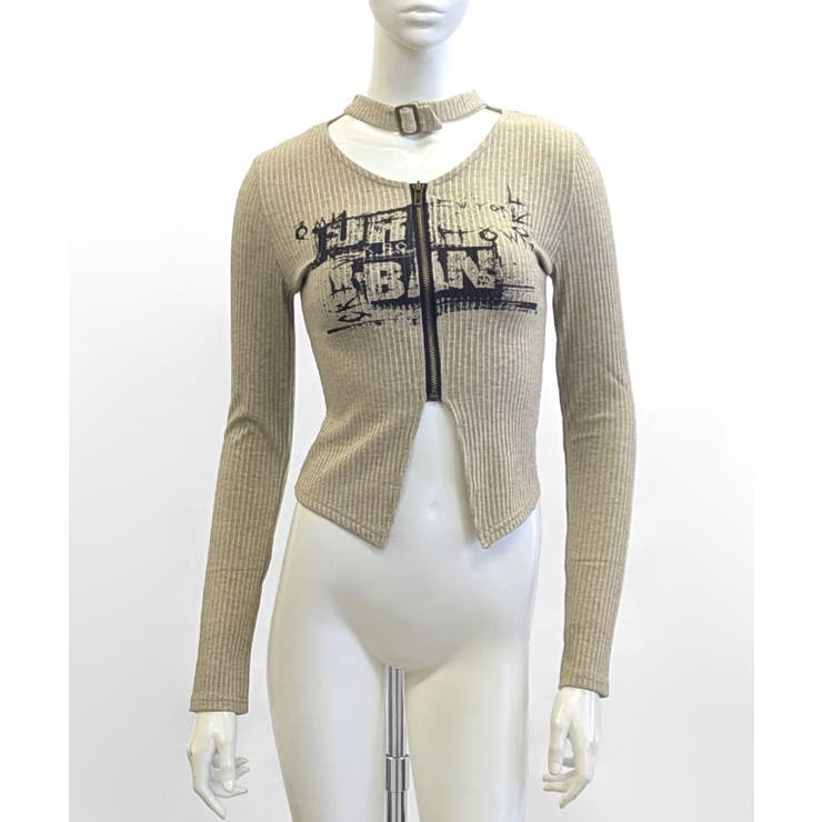 ネックベルトフロントジップ長袖トップス チョーカー プリント | Riff | 詳細画像18 