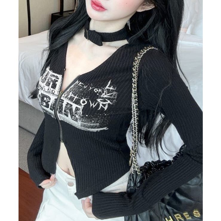 ネックベルトフロントジップ長袖トップス チョーカー プリント | Riff | 詳細画像2 