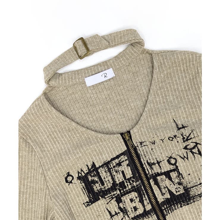 ネックベルトフロントジップ長袖トップス チョーカー プリント | Riff | 詳細画像21 