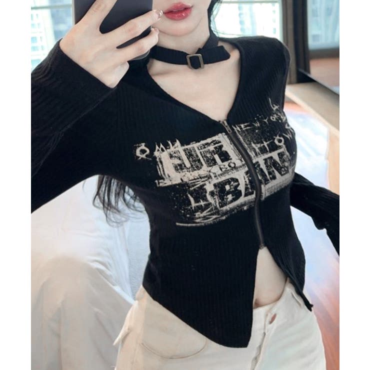 ネックベルトフロントジップ長袖トップス チョーカー プリント | Riff | 詳細画像4 