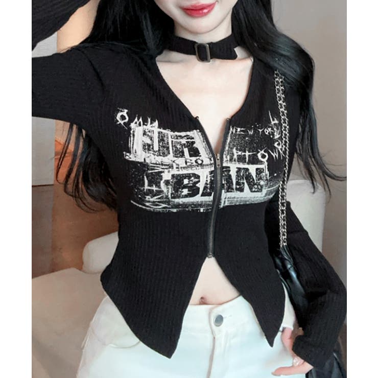 ネックベルトフロントジップ長袖トップス チョーカー プリント | Riff | 詳細画像6 