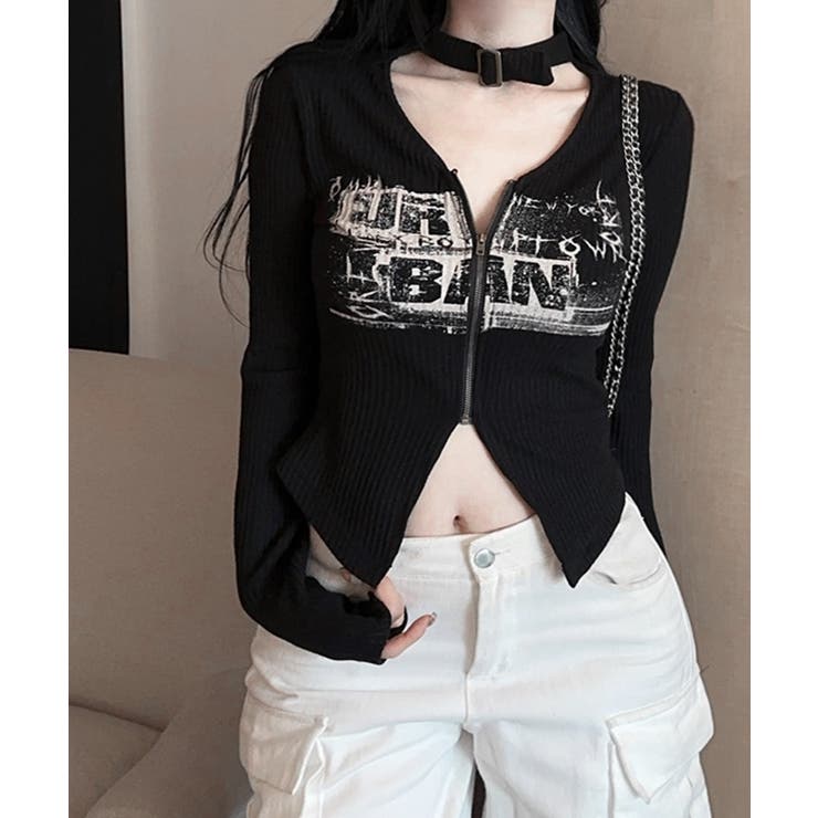 ネックベルトフロントジップ長袖トップス チョーカー プリント | Riff | 詳細画像7 