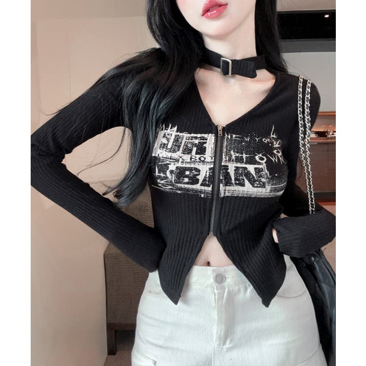 ネックベルトフロントジップ長袖トップス チョーカー プリント | Riff | 詳細画像8 