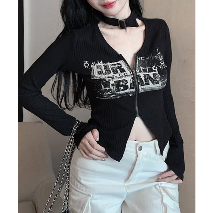 ネックベルトフロントジップ長袖トップス チョーカー プリント | Riff | 詳細画像9 