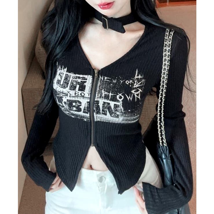 ブラック | ネックベルトフロントジップ長袖トップス チョーカー プリント | Riff