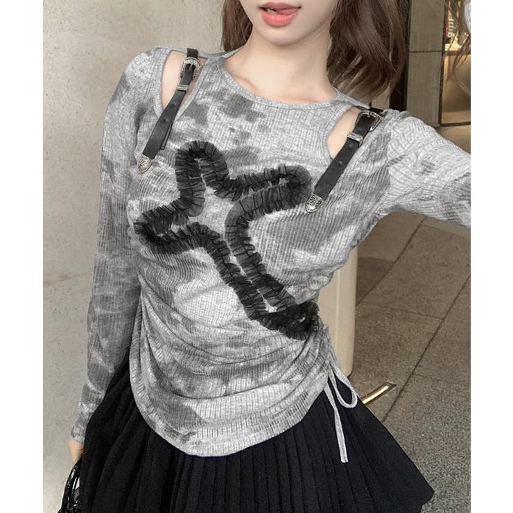 サイドシャーリングクロス柄長袖トップス 肩ベルト付き ロンT | Riff | 詳細画像13 