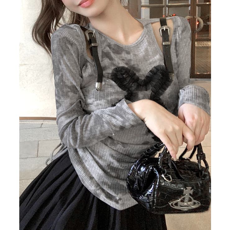 サイドシャーリングクロス柄長袖トップス 肩ベルト付き ロンT | Riff | 詳細画像15 