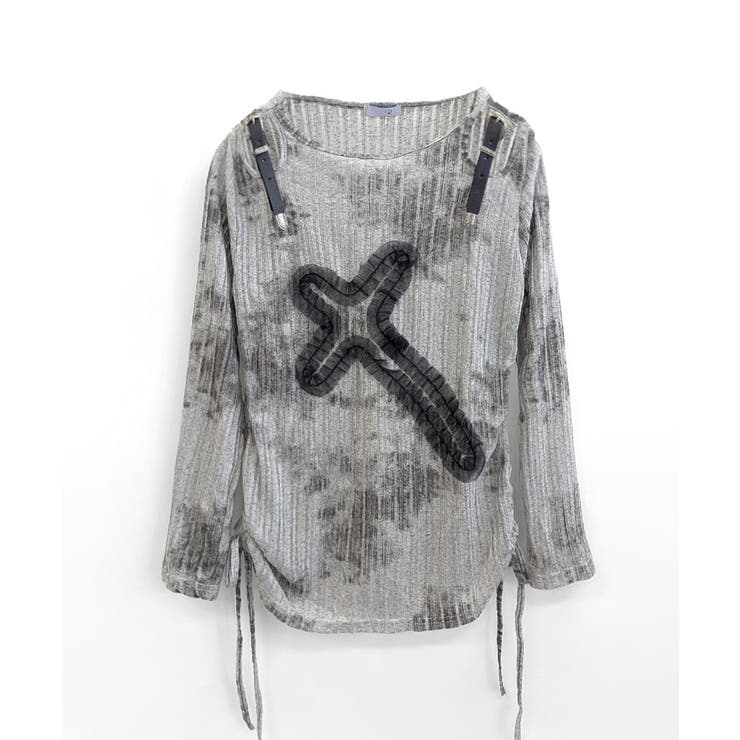 サイドシャーリングクロス柄長袖トップス 肩ベルト付き ロンT | Riff | 詳細画像16 