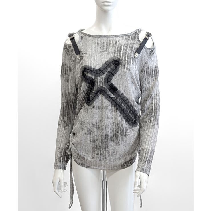 サイドシャーリングクロス柄長袖トップス 肩ベルト付き ロンT | Riff | 詳細画像17 