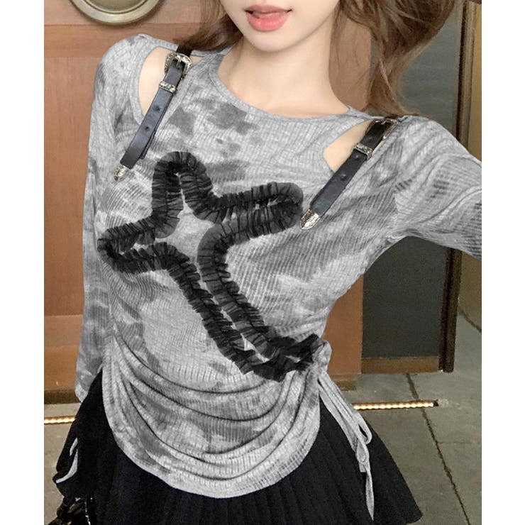 サイドシャーリングクロス柄長袖トップス 肩ベルト付き ロンT | Riff | 詳細画像2 