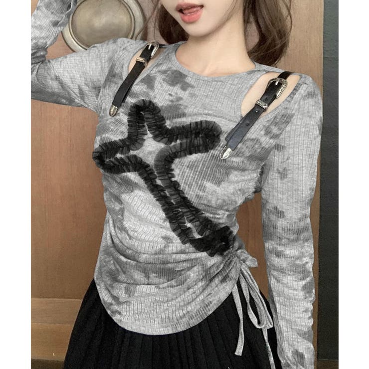 サイドシャーリングクロス柄長袖トップス 肩ベルト付き ロンT | Riff | 詳細画像3 