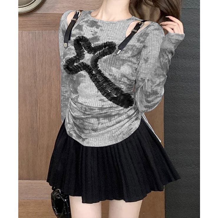 サイドシャーリングクロス柄長袖トップス 肩ベルト付き ロンT | Riff | 詳細画像4 